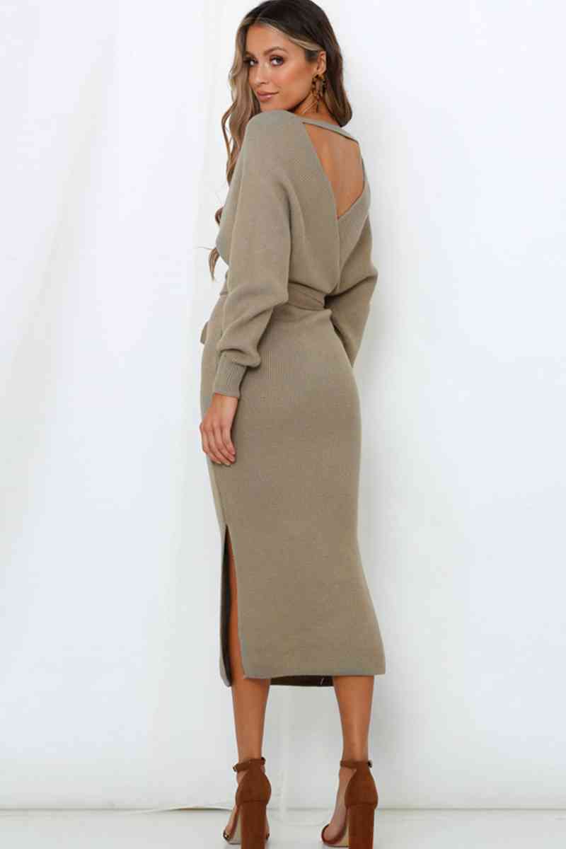 Chic Surplice Neck Sweater Dress with Bow Waist & Slit
