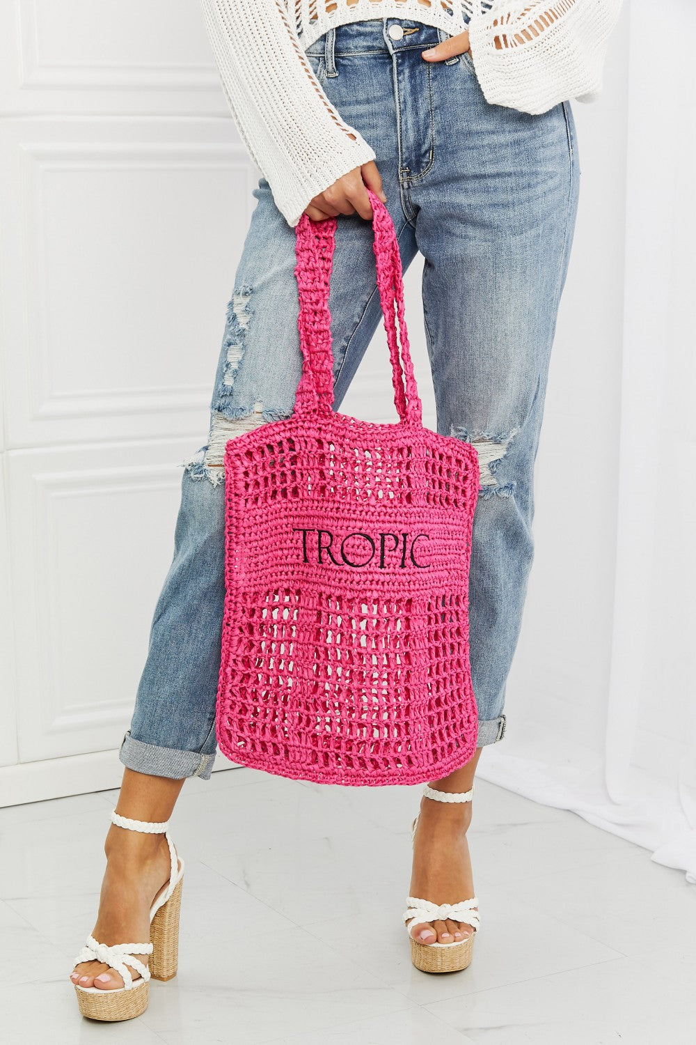Hot Pink Straw Tote Bag - The Exclusive Emerald