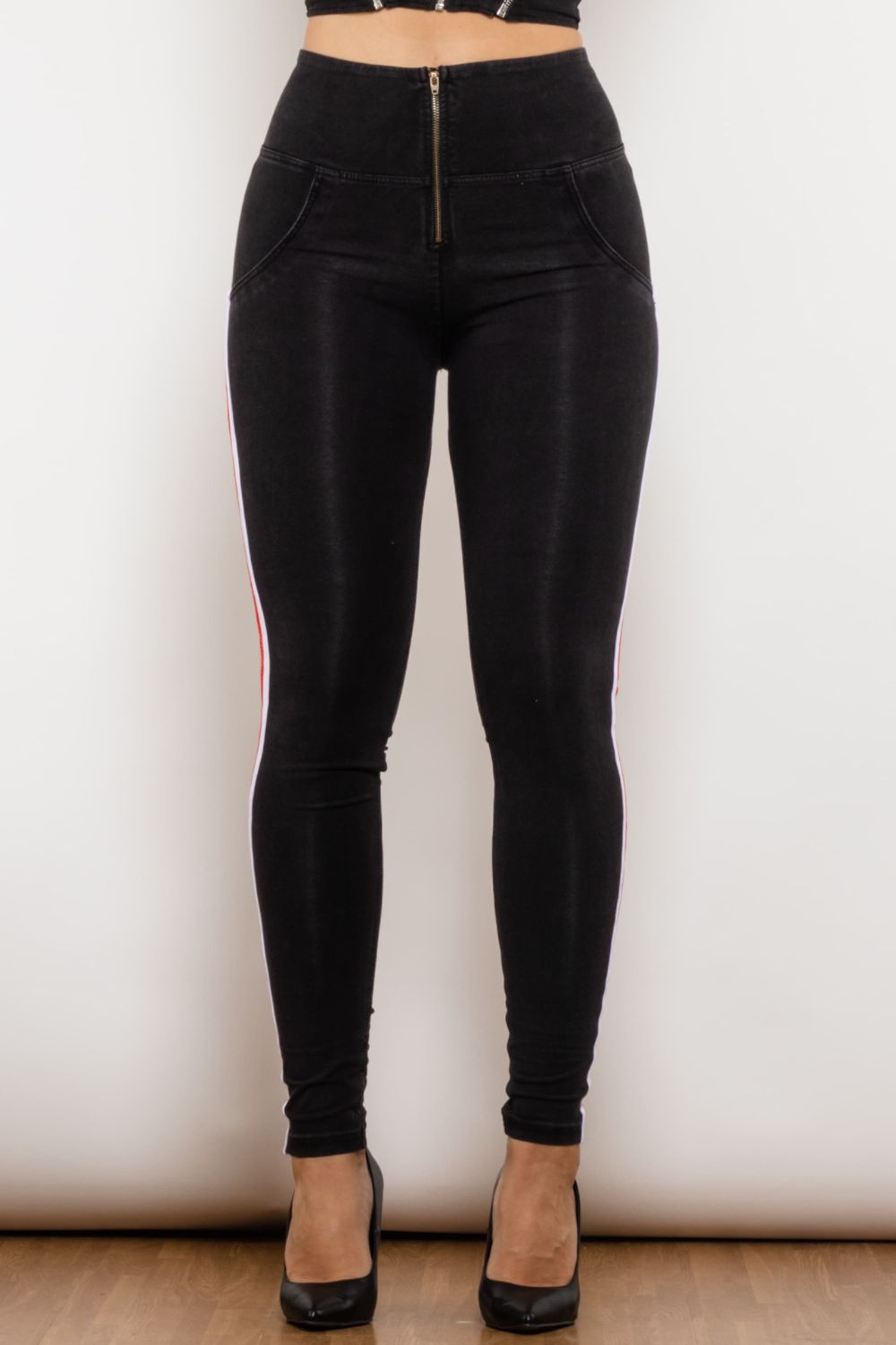 Chic High Waist Jeans with Side Stripe & Zip Closure | Trendsetter