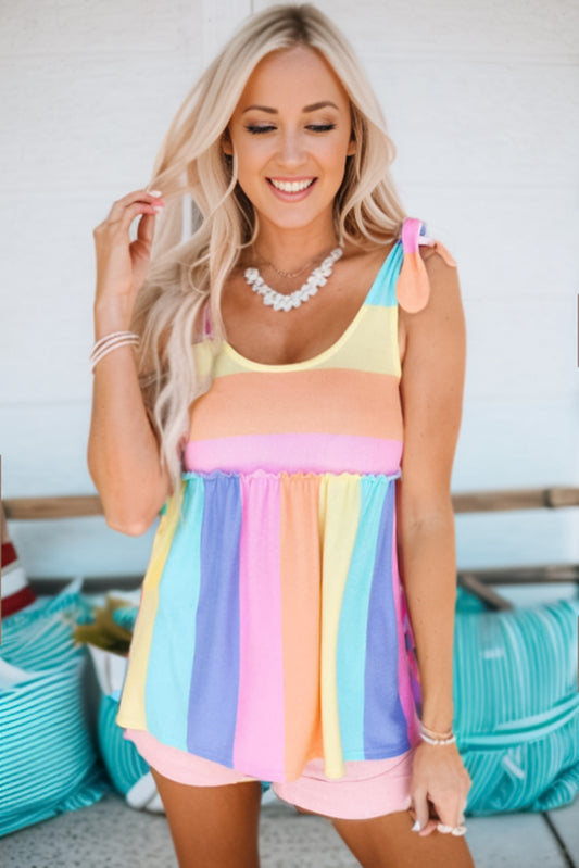 Chic Striped Tie Shoulder Tank with Frill Trim | Summer Essential