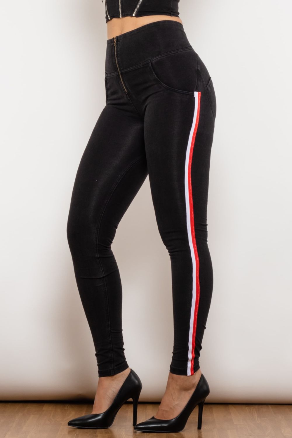 Chic High Waist Jeans with Side Stripe & Zip Closure | Trendsetter