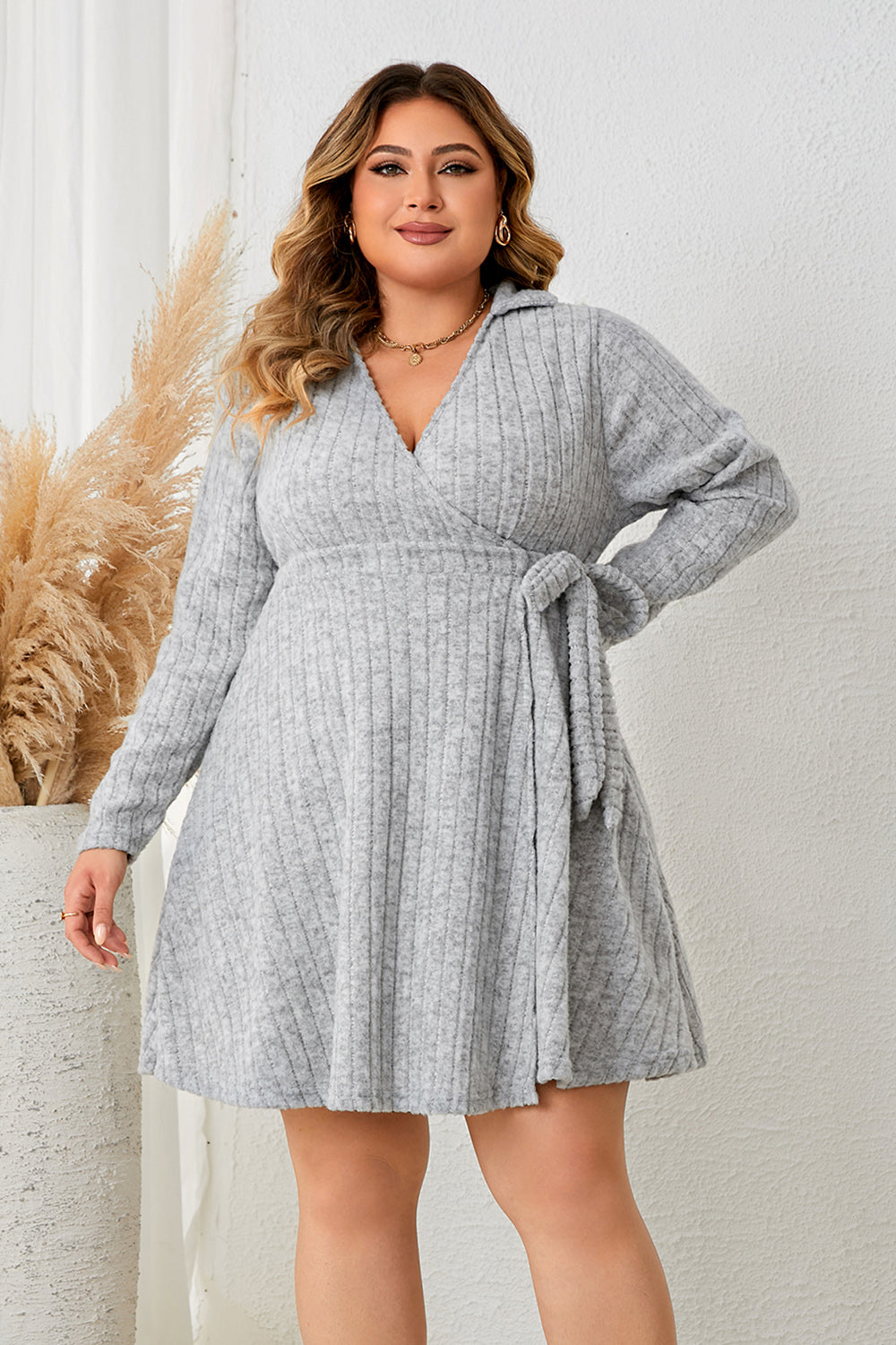 plus size grey dress Chic Plus Size Collared Neck Tied Dress