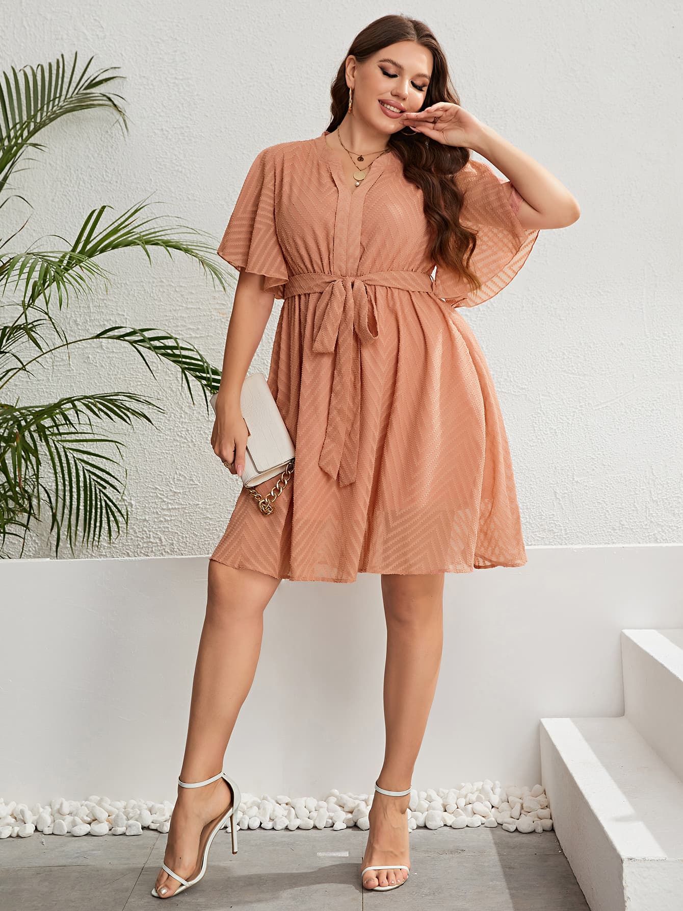 Peach Tie Waist Notched Neck Flutter Sleeve Dress