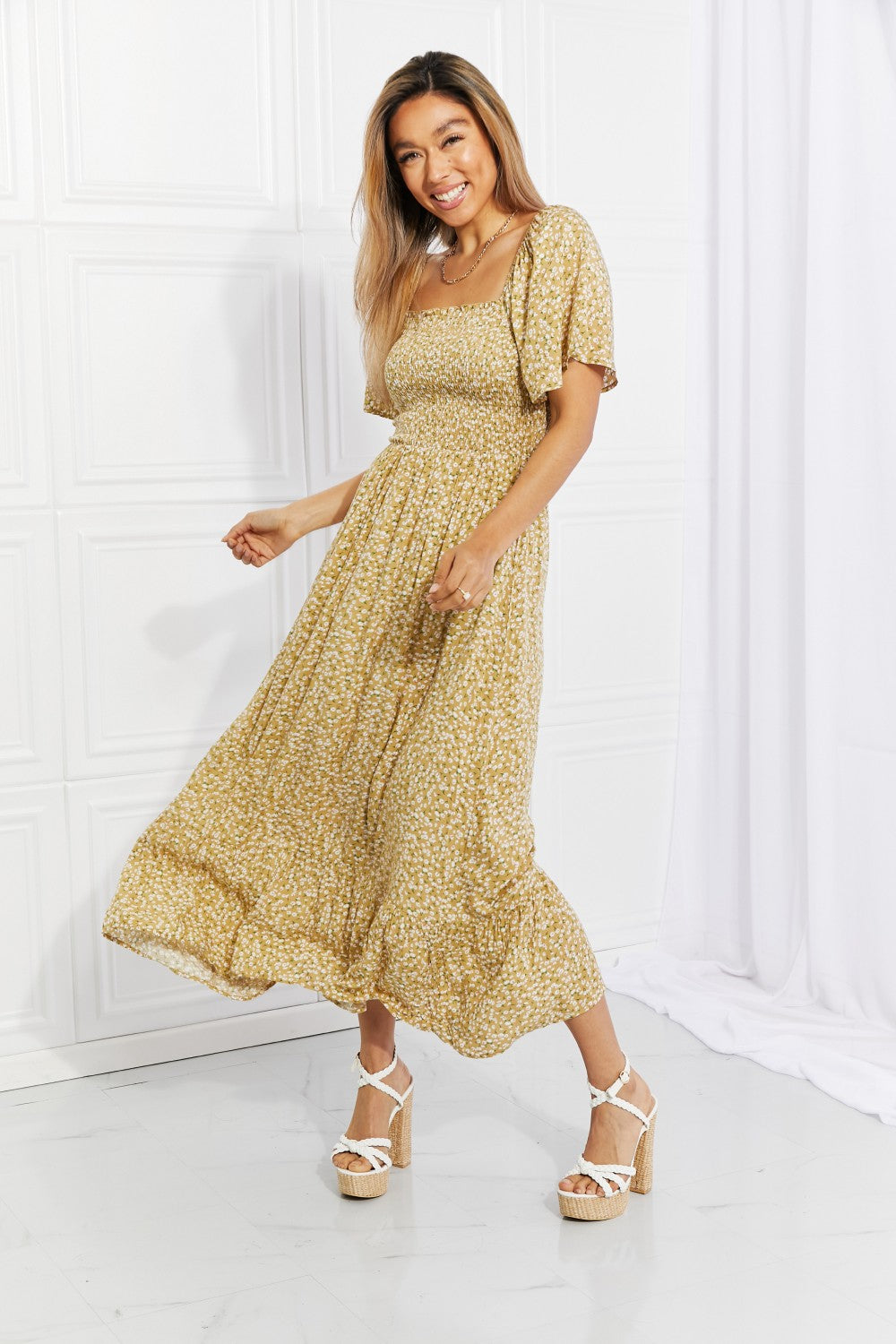Stylish Floral Smocked Dress - The Exclusive Emerald