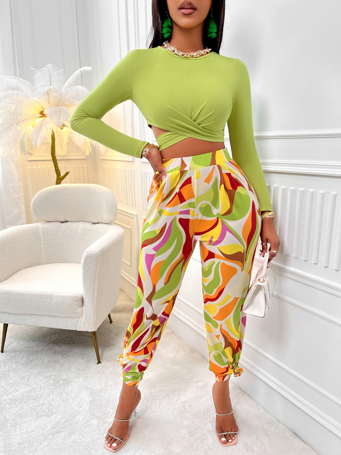 Chic Crisscross Tied Top & Straight Leg Pants Set | Modern Elegance