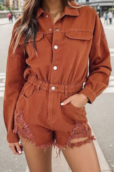 Front view of model wearing distressed raw hem snap down romper