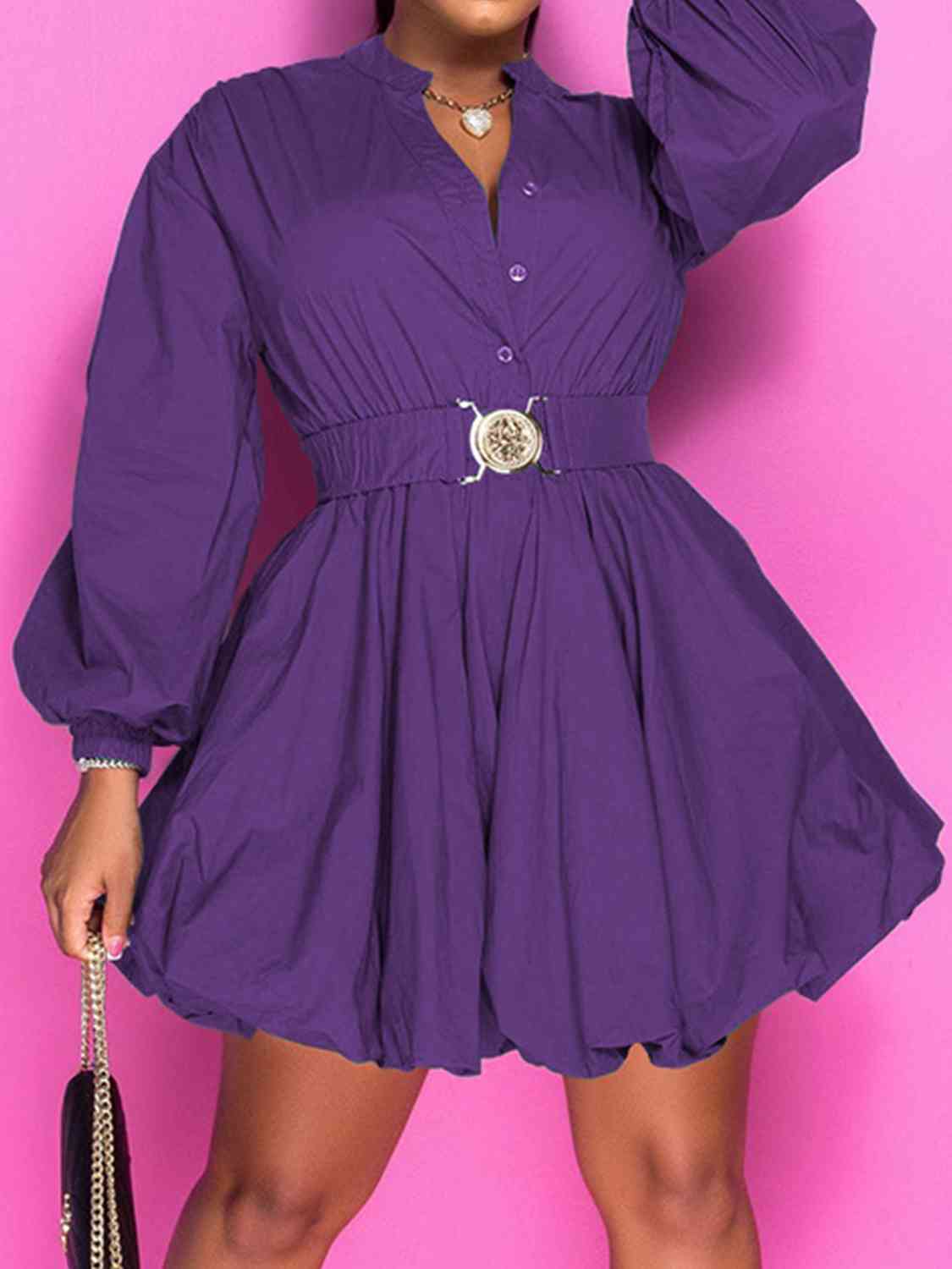 Women's Notched Button Up Balloon Sleeve Dress