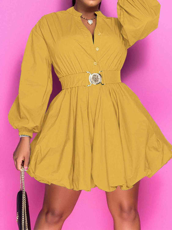 Notched Button Up Balloon Sleeves Dress main image 1
